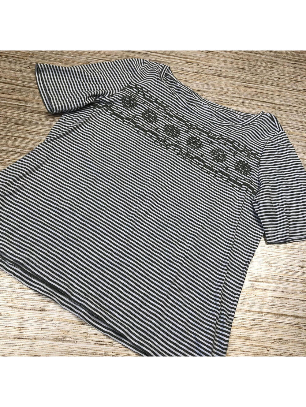 2814 Talbots Womens Cotton T-Shirt Striped Embroidered top GREEN L petite
